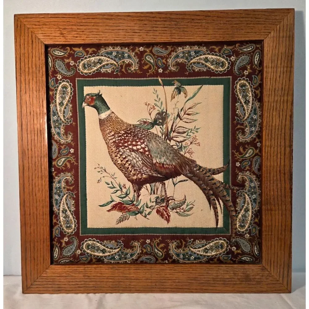 Vintage Framed Pheasant Textile Wall Art Rustic Country Decor